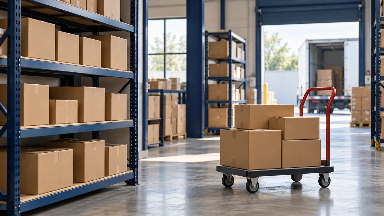Composición ilustrativa de mercadería organizada para distribución B2B